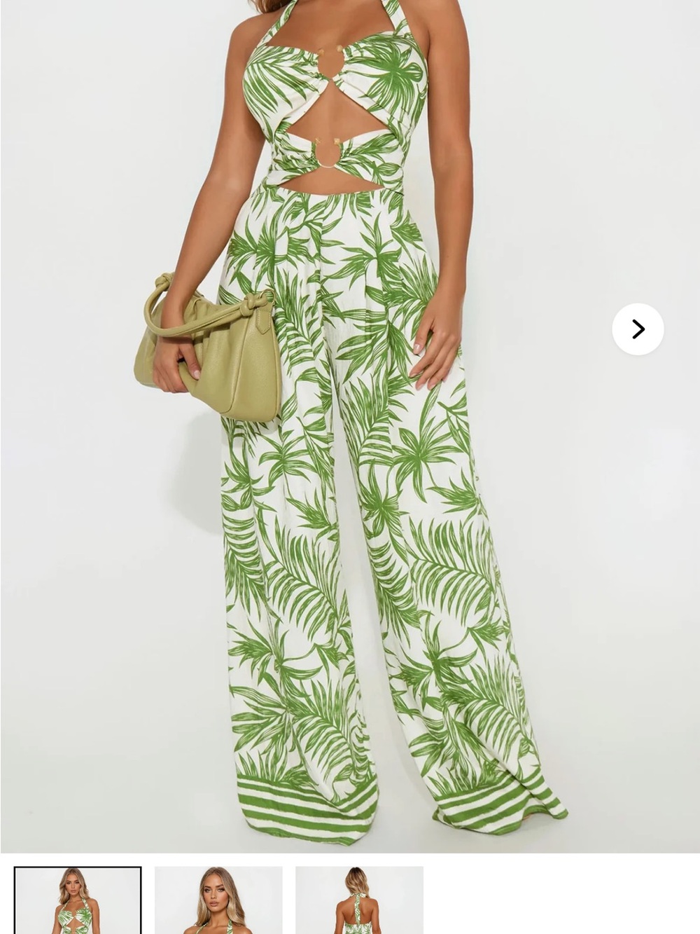 Fashion Nova Green and White Palm-Print Wide Leg Jumpsuit medium